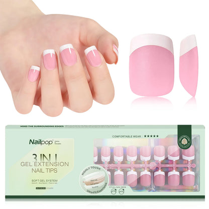 150PCS Short Coffin Press on Nails 3 in 1 Coat Soft Gel Nail Tips French Tip 15 Sizes
