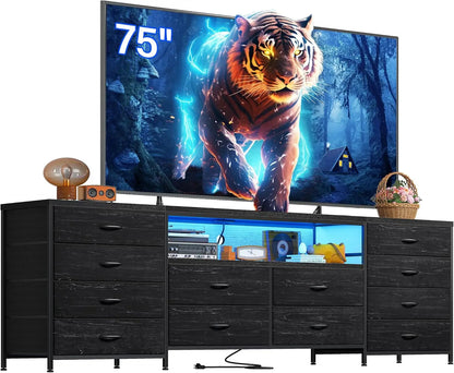 65 70 75 Inch TV 63"W Dresser TV Stand for Bedroom with LED Lights & Power Outlets & 12 Drawers Black Dresser, TV Stands