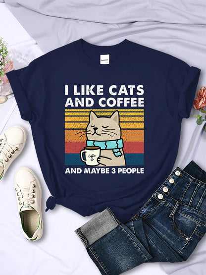 Women's I Like Cats And Coffee Printed T Shirt   Casual Short Sleeve Breathable