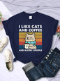 Women's I Like Cats And Coffee Printed T Shirt   Casual Short Sleeve Breathable