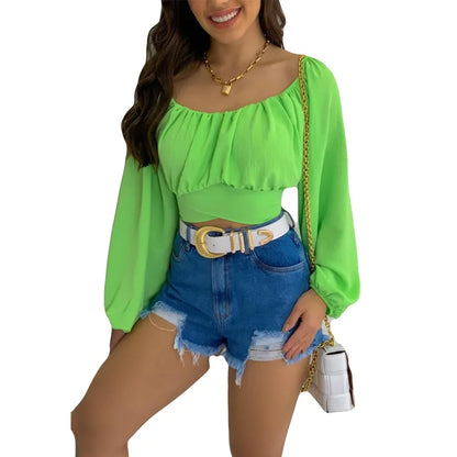 Women's Sexy Off-Shoulder Puff Sleeves Lace-up Tops Navel-Baring Shirts One-Colored Elegant Ladies Bright Color T-Shirt Tops