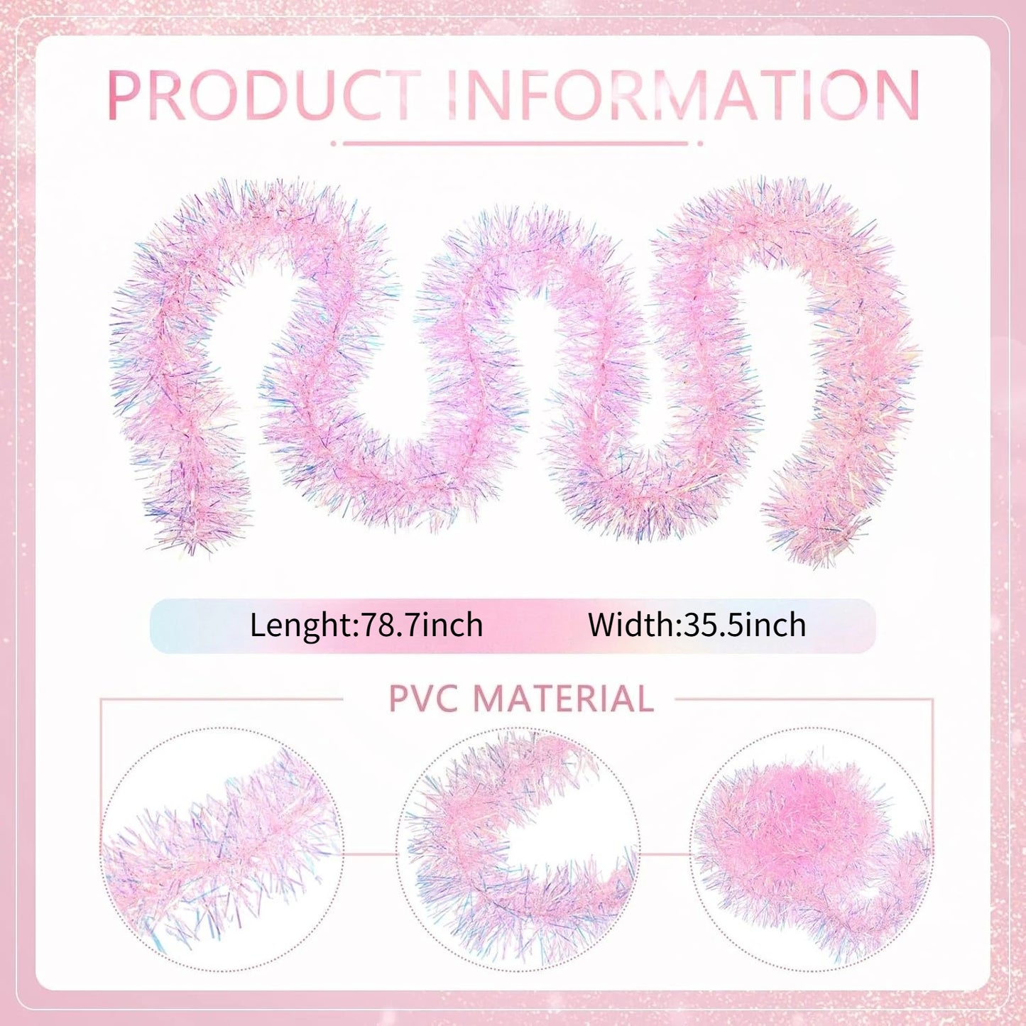 78.7inch Pink Tinsel Garland Shiny Metallic Glitter Party Decoration for Christmas Valentine Wedding Birthday Holiday Home Decor