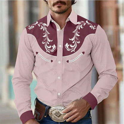 Men’s Retro Western Shirt – Long Sleeve Stretch Top (S–5XL)