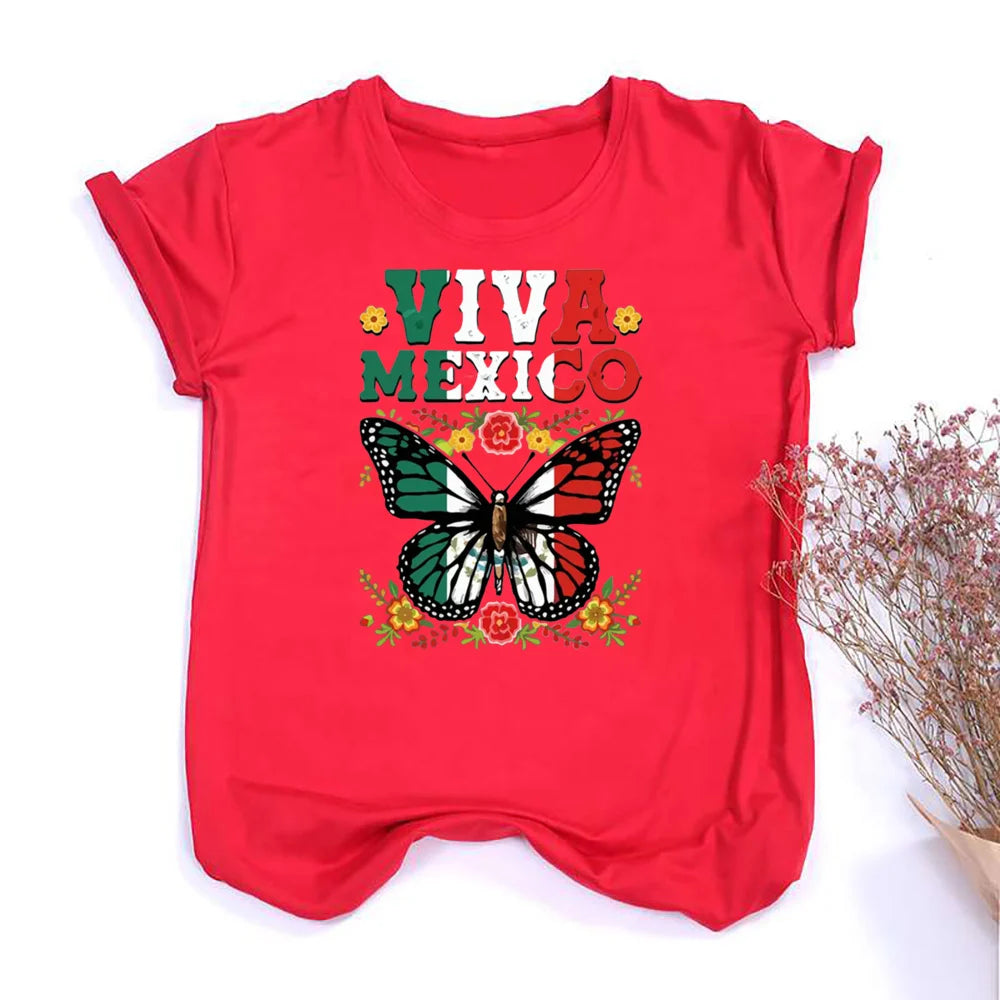 Viva Mexico Butterfly Flower Printed Girl T Shirt Women Summer Retro Tshirt Tee Graphic Tops Fashion Female Short Sleeve T-shirt
