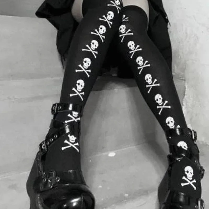 Gothic Skull Bat Spider Thigh‑High Stockings – Harajuku Emo Alternative Sexy Tights with Garters