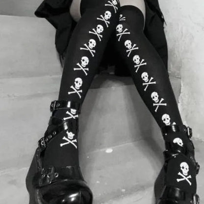 Gothic Skull Bat Spider Thigh‑High Stockings – Harajuku Emo Alternative Sexy Tights with Garters