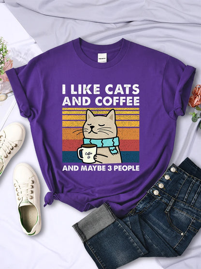 Women's I Like Cats And Coffee Printed T Shirt   Casual Short Sleeve Breathable