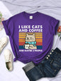 Women's I Like Cats And Coffee Printed T Shirt   Casual Short Sleeve Breathable