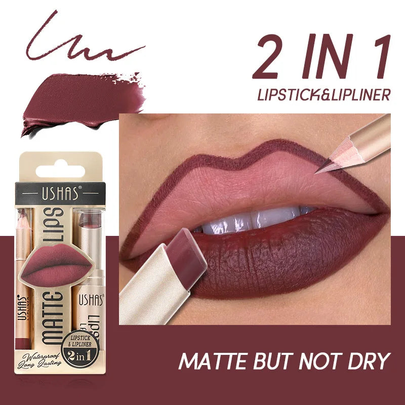 USHAS 12 Color Matte Lipstick Set Long-lasting Waterproof Lipstick + Lip Liner Set Easy Coloring Non-Stick Cup Lip Makeup Suit