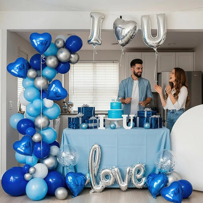 I Love You set Blue Sliver/red balloons kit Include Heart Shaped Balloons and Artificial Rose Petals Kit for Valentines Party