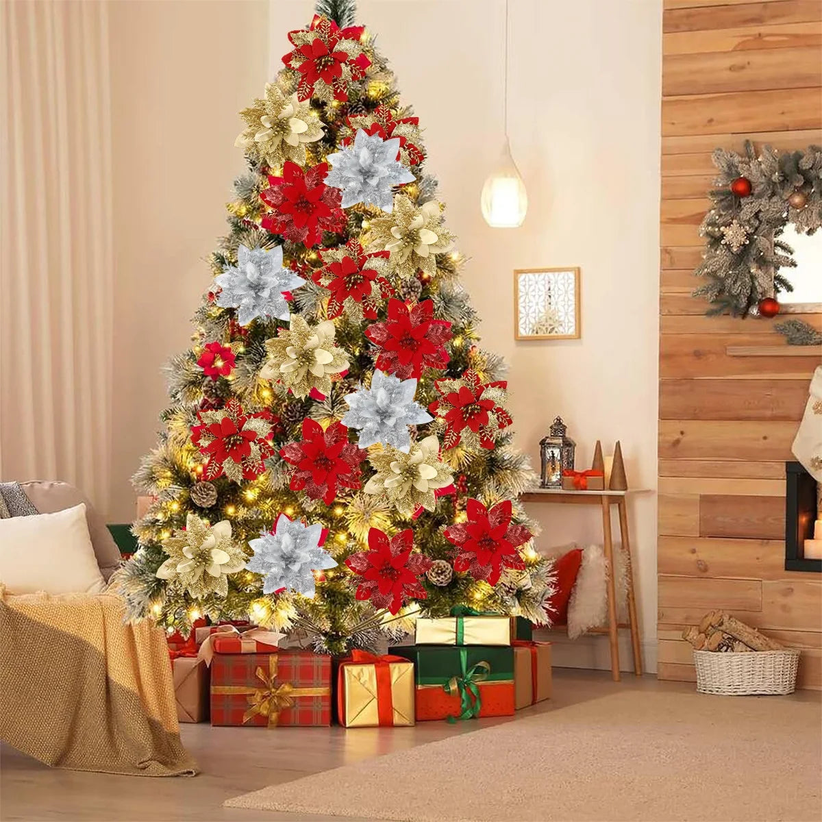 Christmas Glitter Artificial Flowers Tree Hanging Ornaments