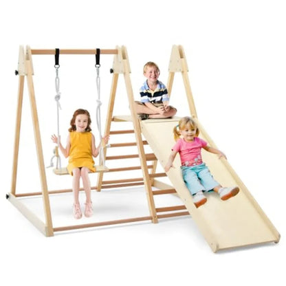 5‑in‑1 Indoor Wooden Jungle Gym – Foldable Climber Playset with Swing, Slide, Ramp & Ladder