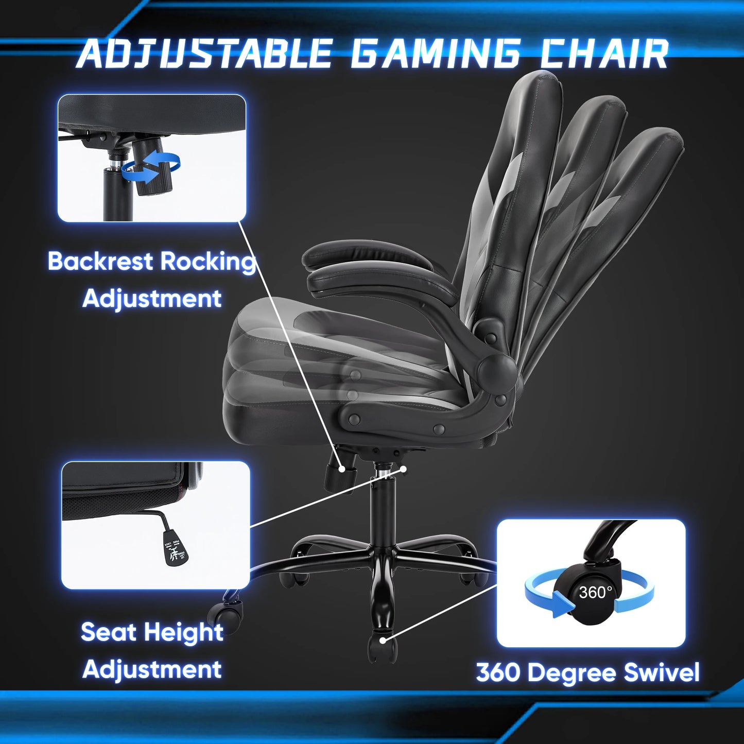 Office Desk  Computer Chair Ergonomic Adjustable PU Leather Racing Flip-up Armrest  JHK
