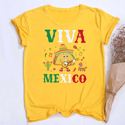 Viva Mexico Print Crew Neck T-shirt Summer Short Sleeve Casual Top Women's Mexican Flag Pattern T-shirt Clothes