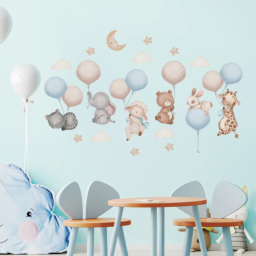 Cartoon Animal Balloon Wall Stickers With Movable Stickers For Decorating Posters And Murals In Children's Rooms