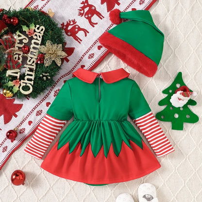 Baby Girls Elf Costume Outfit Infant Long Sleeve Doll Collar Romper Dress with Hat 2 Pcs Christmas Set