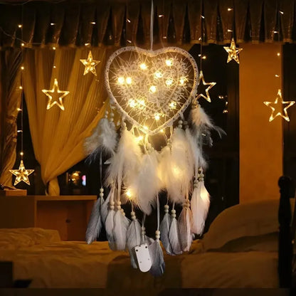 Heart Shaped LED Dream Catcher with Feathers Car Hanging Ornaments Home Wall Decor Fairy Lights for Bedroom Gift