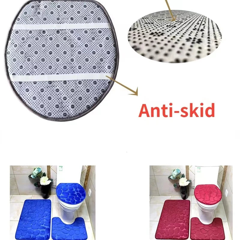 Set of 3 Bathroom Bath Mat Set  Soft Non Slip or 2PCS Cobblestone Absorbent Bathroom Mat Rug Carpets and Toilet Lid