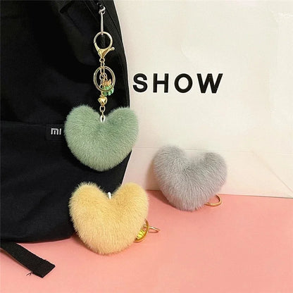 Rainbow Heart Pompom Keychain – Colorful Plush Ball Tassel Bag Charm for Women
