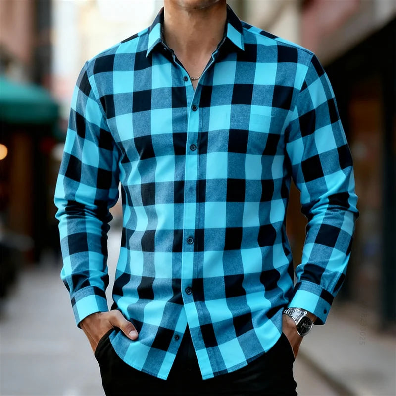 Men's classic red and black plaid long-sleeved shirt casual retro