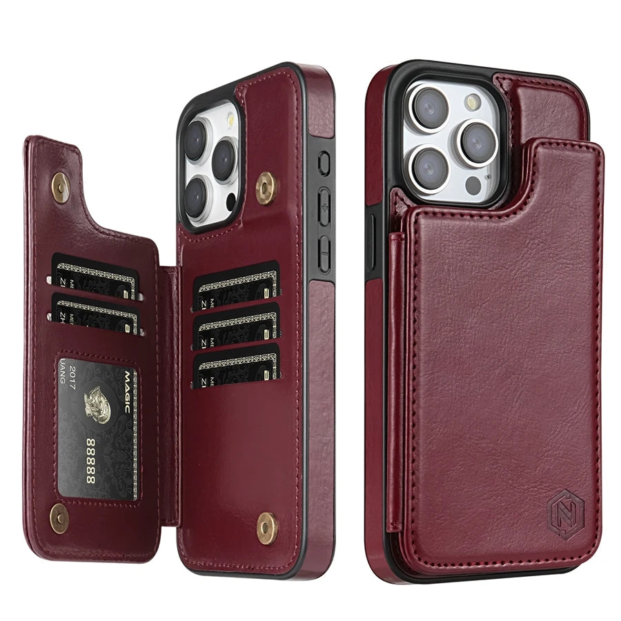 Magnetic Wallet Case for iPhone – Solid‑Color Leather Cover with Double Buckle, RFID‑Blocking Card Holder (iPhone 15/14/13/12/11, XR, XS, SE2, 8, 7)