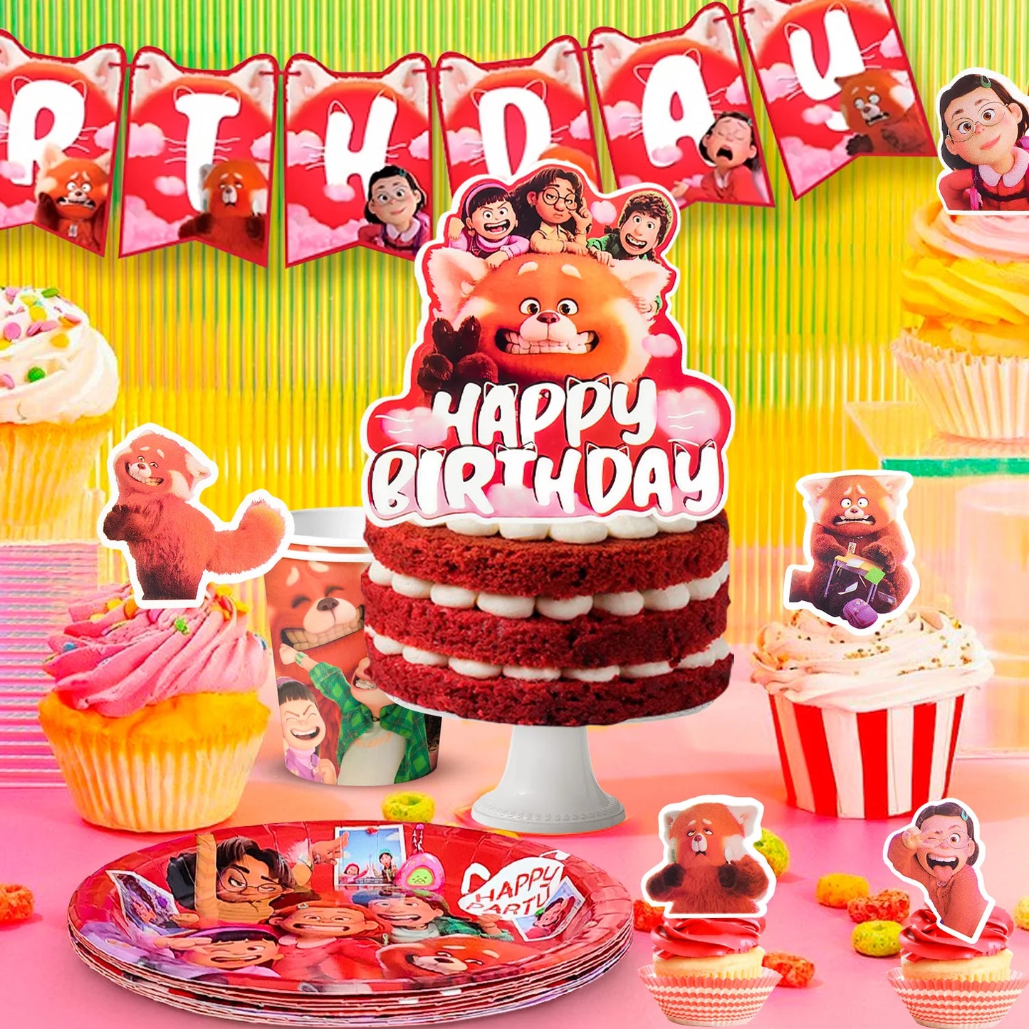 Turning Red Party Supplies – 113‑Piece Decoration Set (Plates, Tablecloth, Balloons & More)