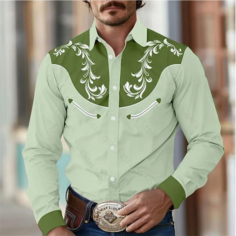 Men’s Retro Western Shirt – Long Sleeve Stretch Top (S–5XL)