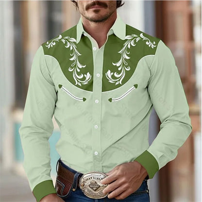 Men’s Retro Western Shirt – Long Sleeve Stretch Top (S–5XL)