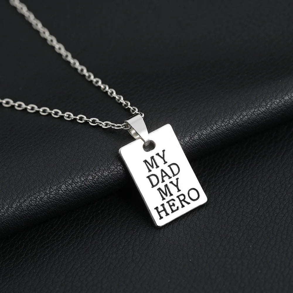 "MY DAD MY HERO" Keychain Necklace for Men Women Square Brand Carved Letter Pendant Chain Key Ring Accessories Father's Day Gift