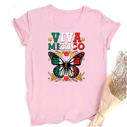 Viva Mexico Butterfly Flower Printed Girl T Shirt Women Summer Retro Tshirt Tee Graphic Tops Fashion Female Short Sleeve T-shirt
