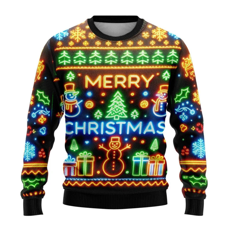 Neon Snowman Graphic Sweatshirts 2025 Merry Christmas 3D Printed Ugly Sweater For Women Clothing Snowflake Gifts Boy Tracksuit