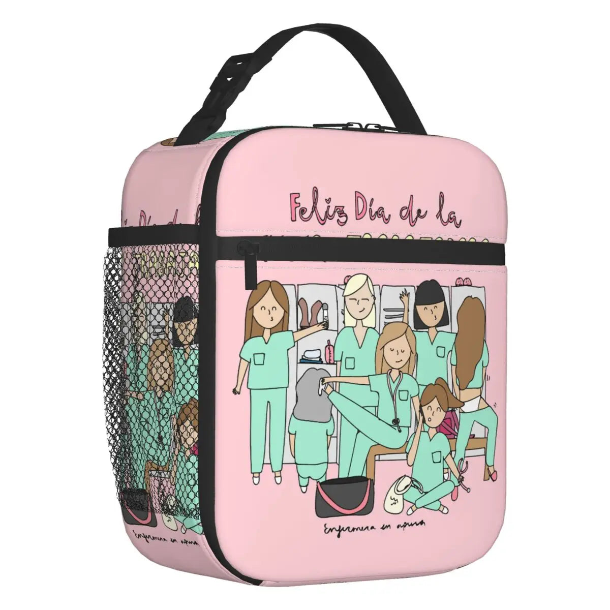 Custom cartoon-printed lunch bag featuring ladies, nurses, and doctors. Thermal insulated, reusable, and multifunctional, perfect for kids' food bento boxes.