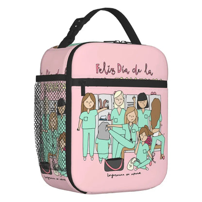 Custom cartoon-printed lunch bag featuring ladies, nurses, and doctors. Thermal insulated, reusable, and multifunctional, perfect for kids' food bento boxes.