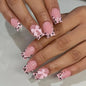 24Pcs French Pink Press on Nails Short Square Head Fake Nails with Flower Rhinestone Design Wearable Finished False Nail Tips