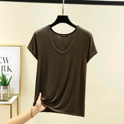 Women’s Plus Size U‑Neck Modal T‑Shirt (L–6XL) – Short Sleeve Solid Color Loose Tee