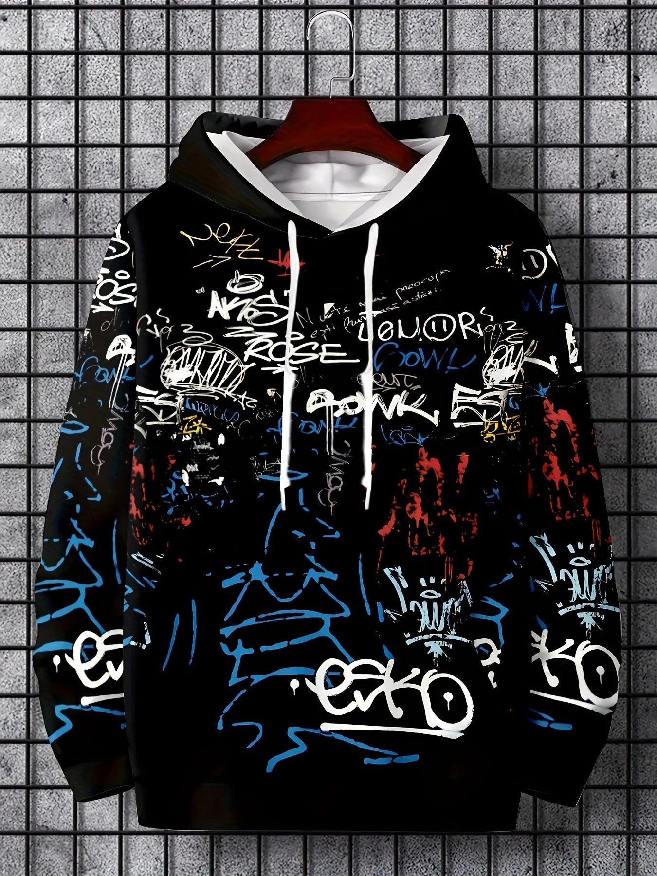 Men's personalized letter graffiti print soft and comfortable hooded sweatshirt
