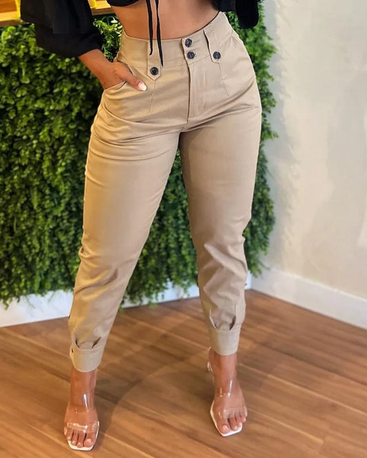 Women's Casual Pants Khaki Pencil High Waisted Button Pocket Cargo Pants