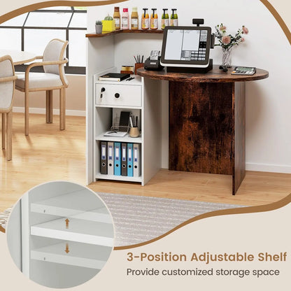 Reception Desk, Small Retail Checkout Counter with Lockable Drawer and Open Shelves, Wooden Computer Workstation, Customized