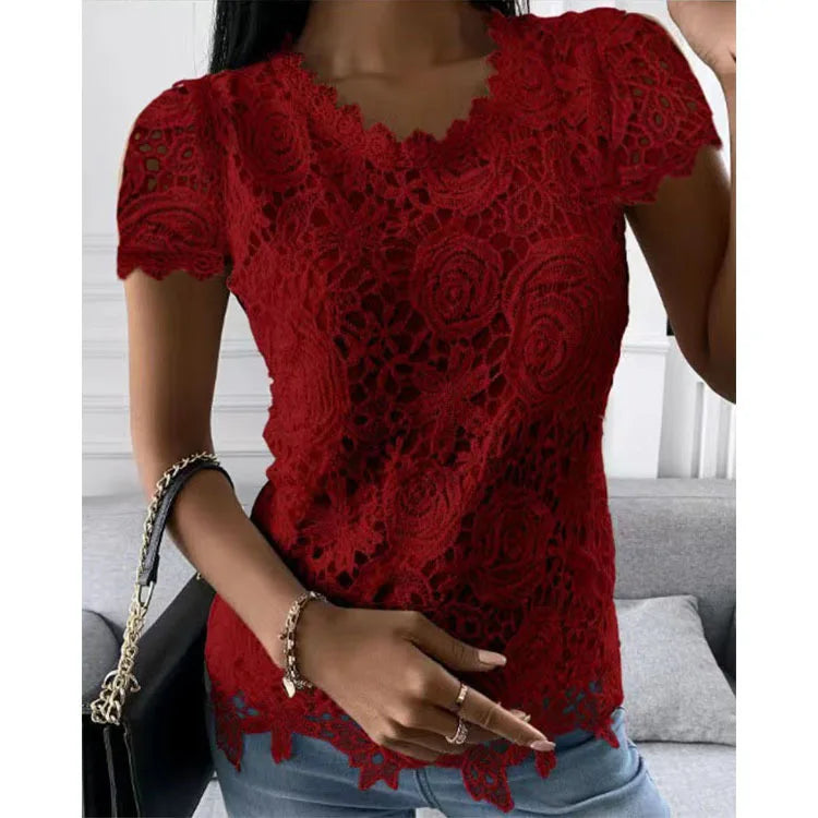 Women Lace Hollow T Shirt Top Fashion Round Neck Long Sleeve Office Lady Blouses Casual Vintage High Street Boho Tops All Season