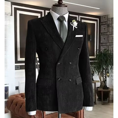 Men’s Slim‑Fit Corduroy Double‑Breasted Suit Set