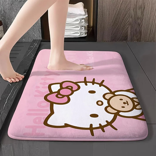 Hello Kitty Plush Door Mat - Cute Anime Cartoon Design, Non-Slip and Absorbent, Perfect for Home, Bedroom, or Bathroom; Machine Washable