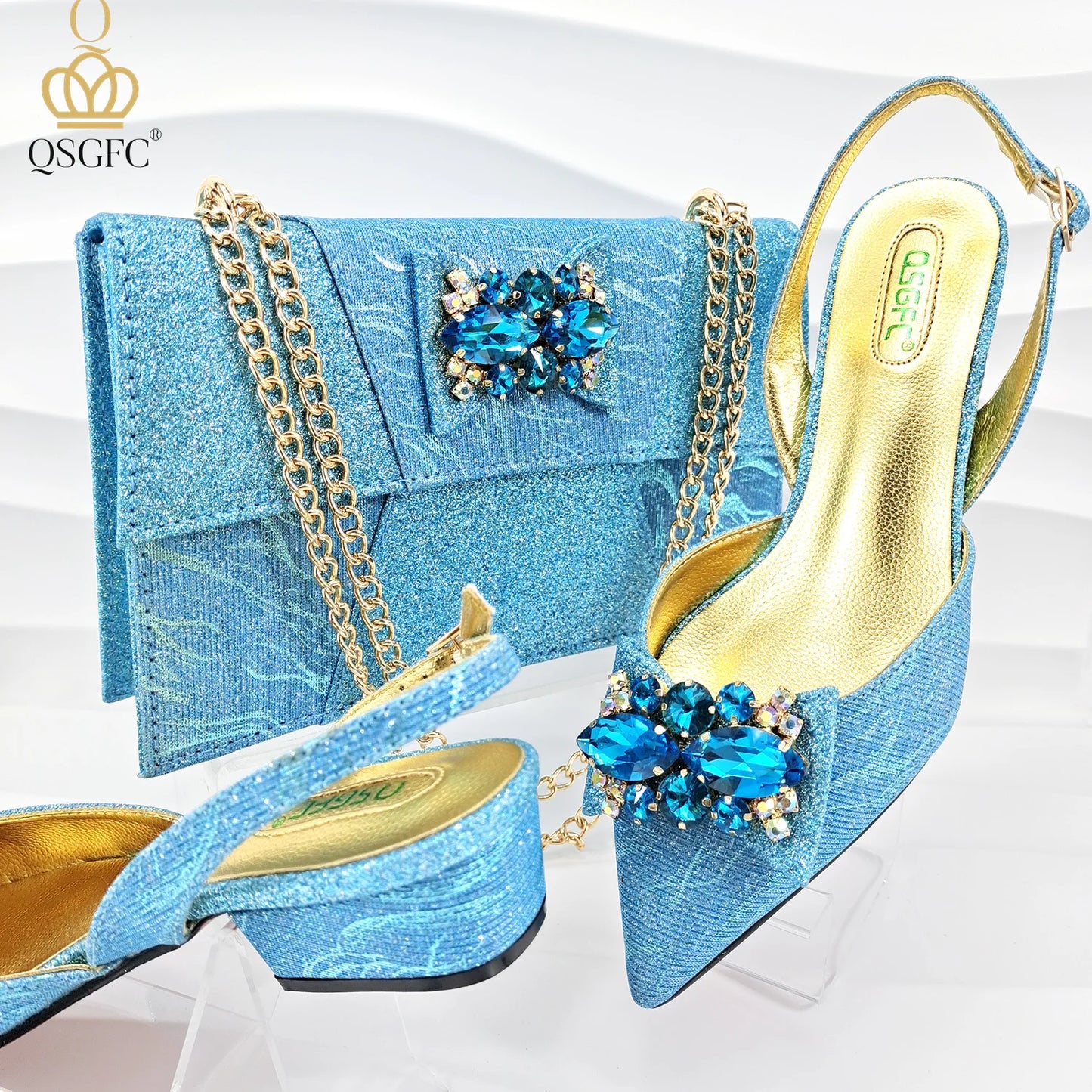 Italian-designed elegant evening shoes and bag set with African crystal accents, offering comfortable shoes and a spacious bag, perfect for commuters and women's fashion.