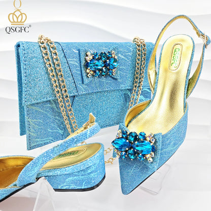 Italian-designed elegant evening shoes and bag set with African crystal accents, offering comfortable shoes and a spacious bag, perfect for commuters and women's fashion.