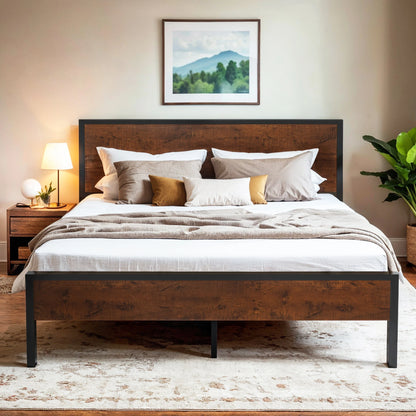 HOOMIC Bed Frame with Wooden Headboard, Metal Platform Bed with Strong Mattress Foundation, No Box Spring Needed,