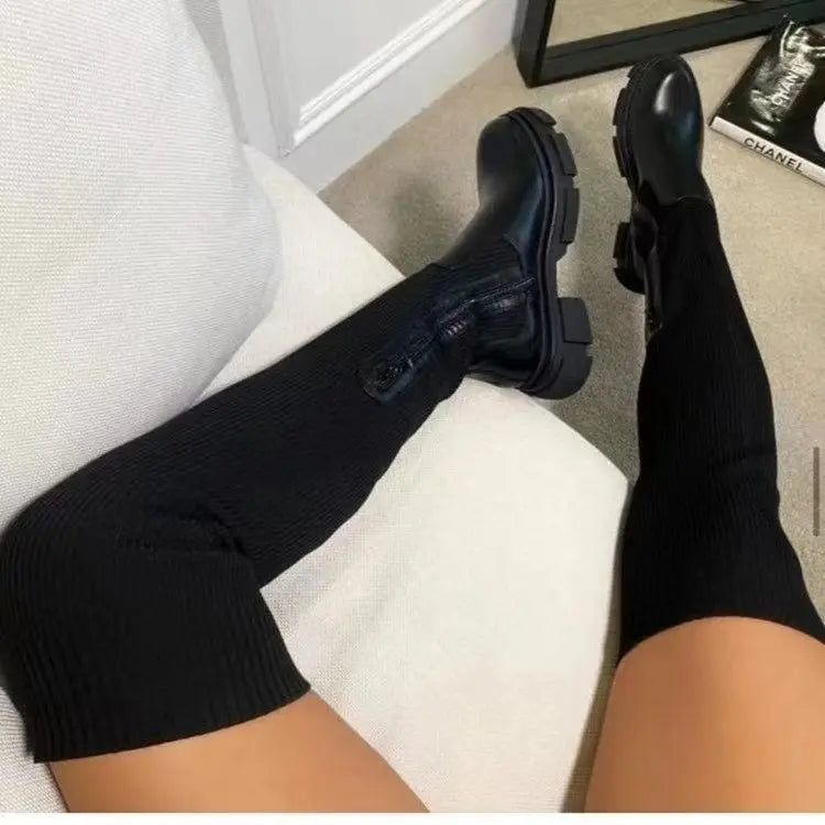 Women's Thick Sole Boots with Breathable Knitted Sock Design, Thigh-High Stretch, Round Toe Style, Available in Plus Size 43.
