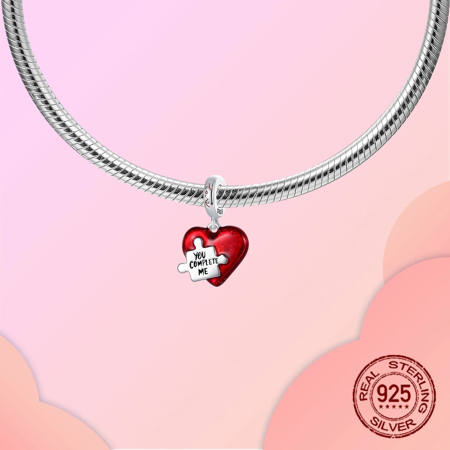 925 Sterling Silver Unique Red Puzzle Heart Dangle Charm Valentine's Day Pendant Fit Original Bracelets Women DIY Jewelry Gift