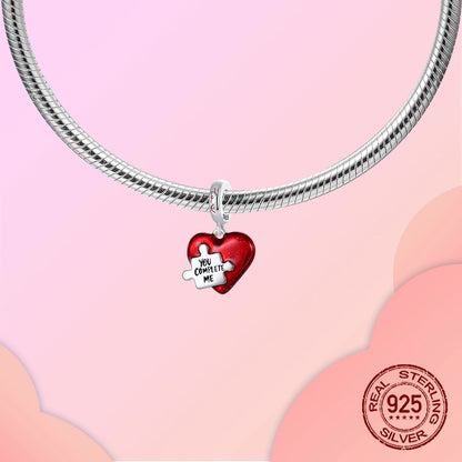 925 Sterling Silver Unique Red Puzzle Heart Dangle Charm Valentine's Day Pendant Fit Original Bracelets Women DIY Jewelry Gift