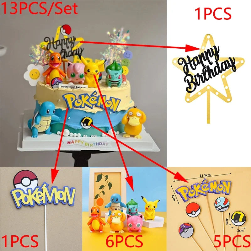13‑Piece Pikachu Cake Topper Set – Cute Vinyl Anime Figures for Birthday Cake Decoration