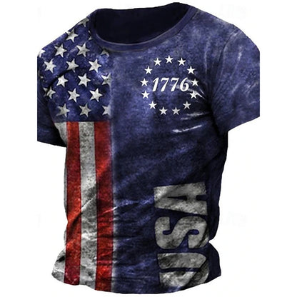 Men’s Retro Flag Skull T‑Shirt – 3D Print Short Sleeve Casual Summer Tee