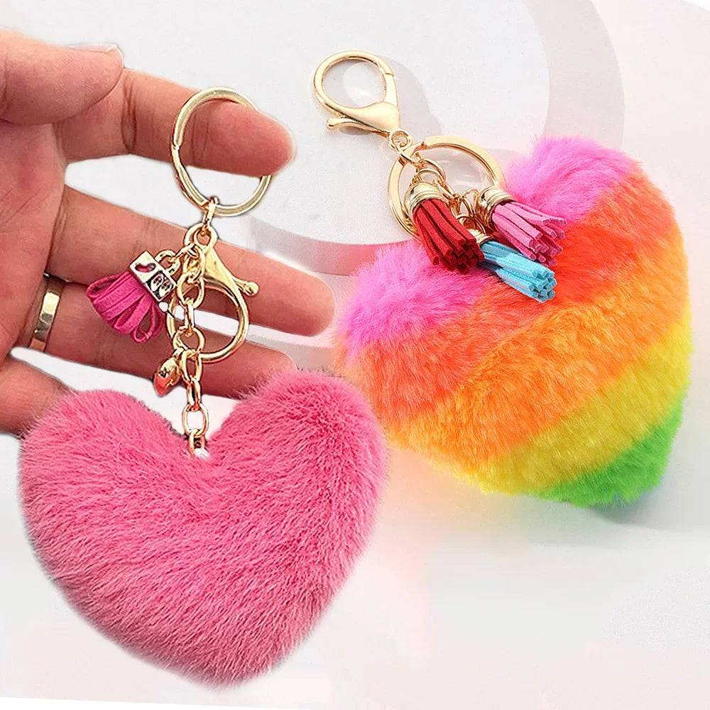 Rainbow Heart Pompom Keychain – Colorful Plush Ball Tassel Bag Charm for Women
